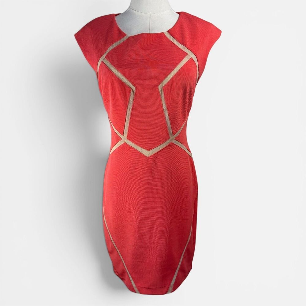 Jodi Kristopher Bodycon Sheath Dress Coral Pink Mesh Trim Size 7